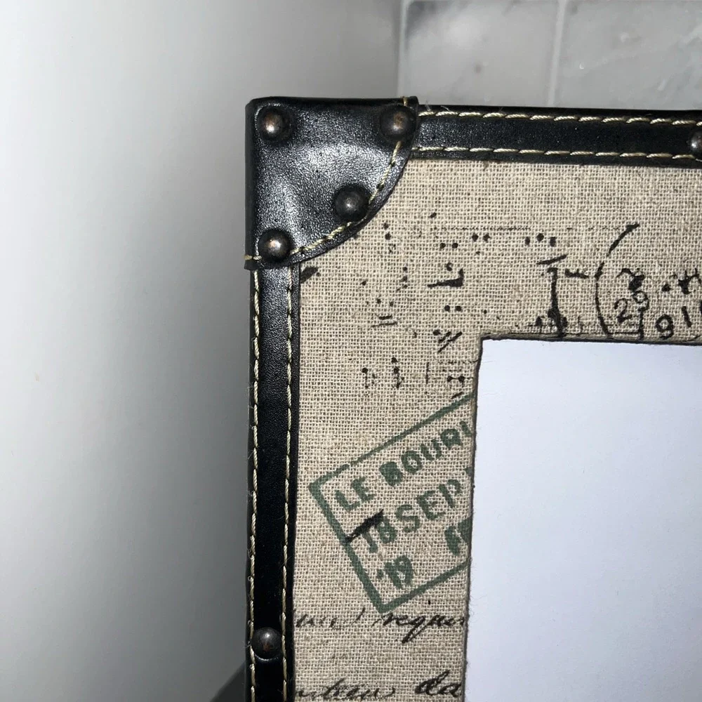 VINTAGE STYLE BROWN FAUX LEATHER FRAME W/ NAILHEAD TRIM & STAMPED CANVAS MAT 5X7